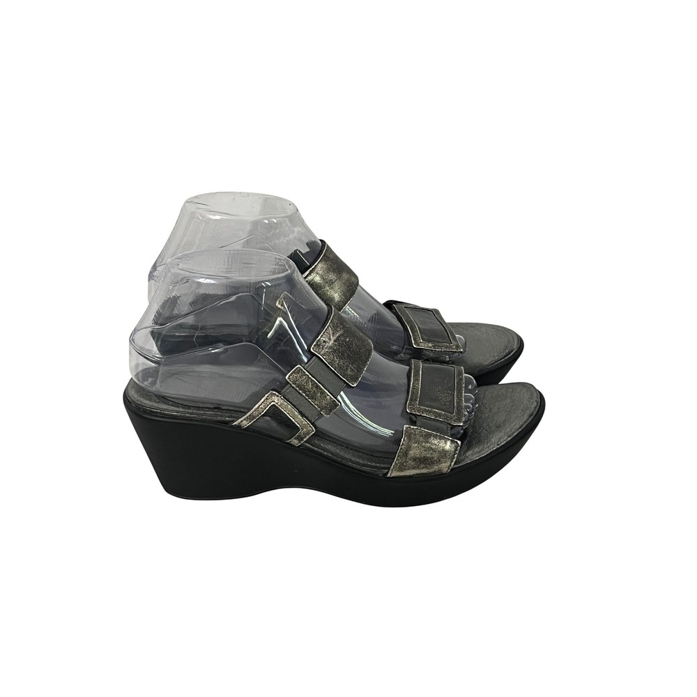 Naot Wedge Sandals Womens 40 Silver Pewter Metallic Leather Buckle Slide Shoes